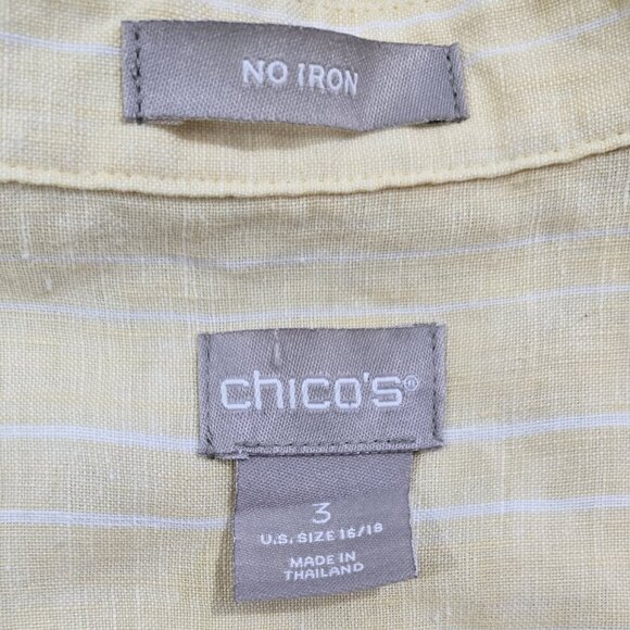 Chico's 100% Linen No Iron Yellow White Double Stripe Roll Tab Sleeve Shirt - Picture 8 of 10